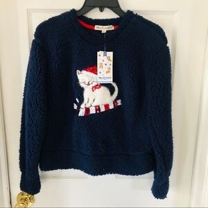 NWT Navy fuzzy kitten cat Christmas holiday sequins Sweater Size medium